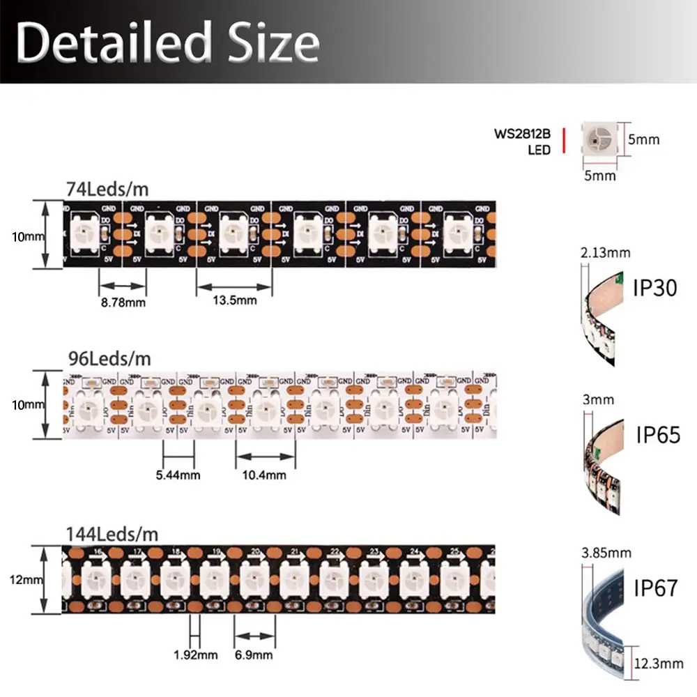 DC5V WS2812B Led Strip 74/96/144leds/m Individually Addressable Smart 5050RGB WS2812 Pixels Led Light IP30/65/67 Black/White PCB 2