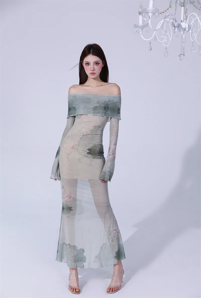 

Lotus Pond Moonlight New Chinese Ink Painting Mesh One Shoulder Long Dress Slim Fit Long Sleeve Sexy Chinese Style Dress