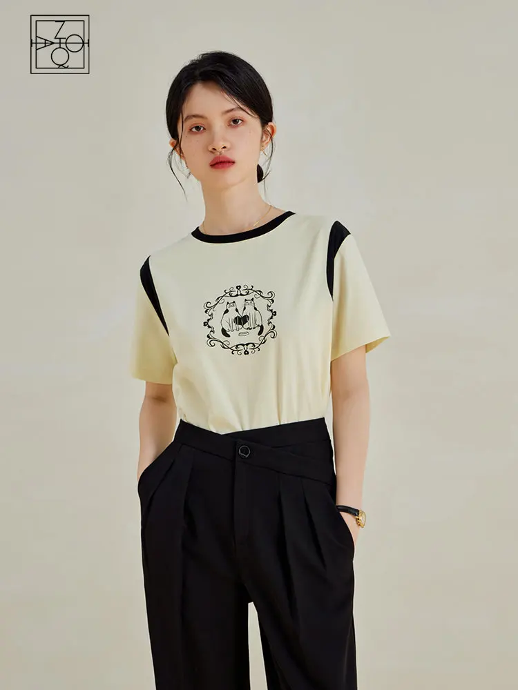 

ZIQIAO Women 73.4% Cotton Cool Beige T-Shirts Pathwork Design Women Round Neck Tees Vertical Stripe Loose Print T-Shirt Top