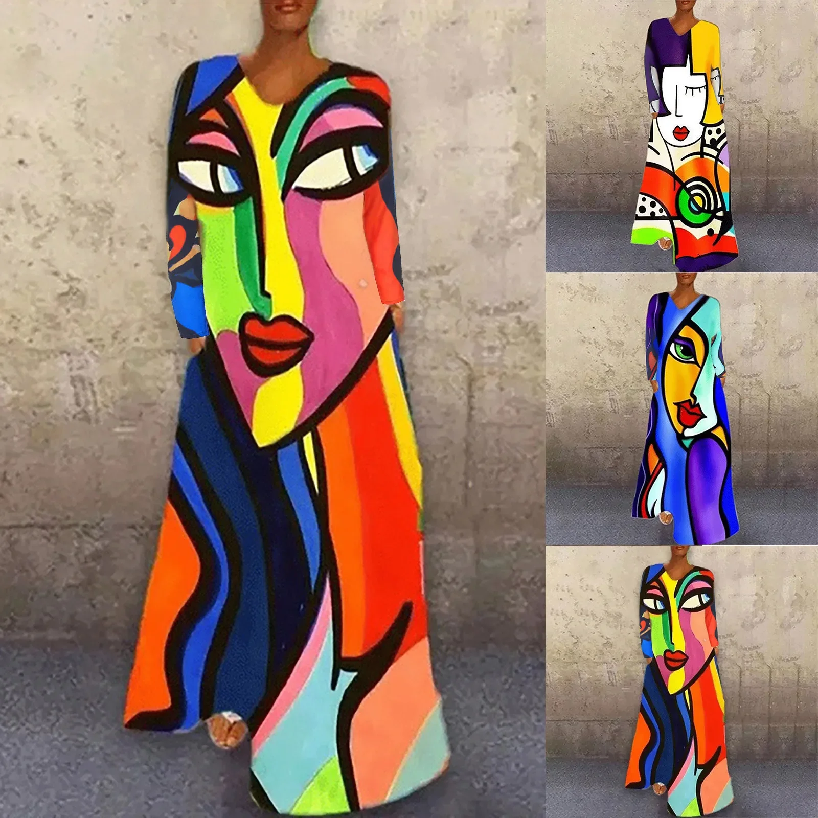 

Women Fashion Abstract Print Casual Long Sleeve Sexy V-Neck Loose Maxi Long Dresses Summer Beach Holiday Vacation Vestidos Robe