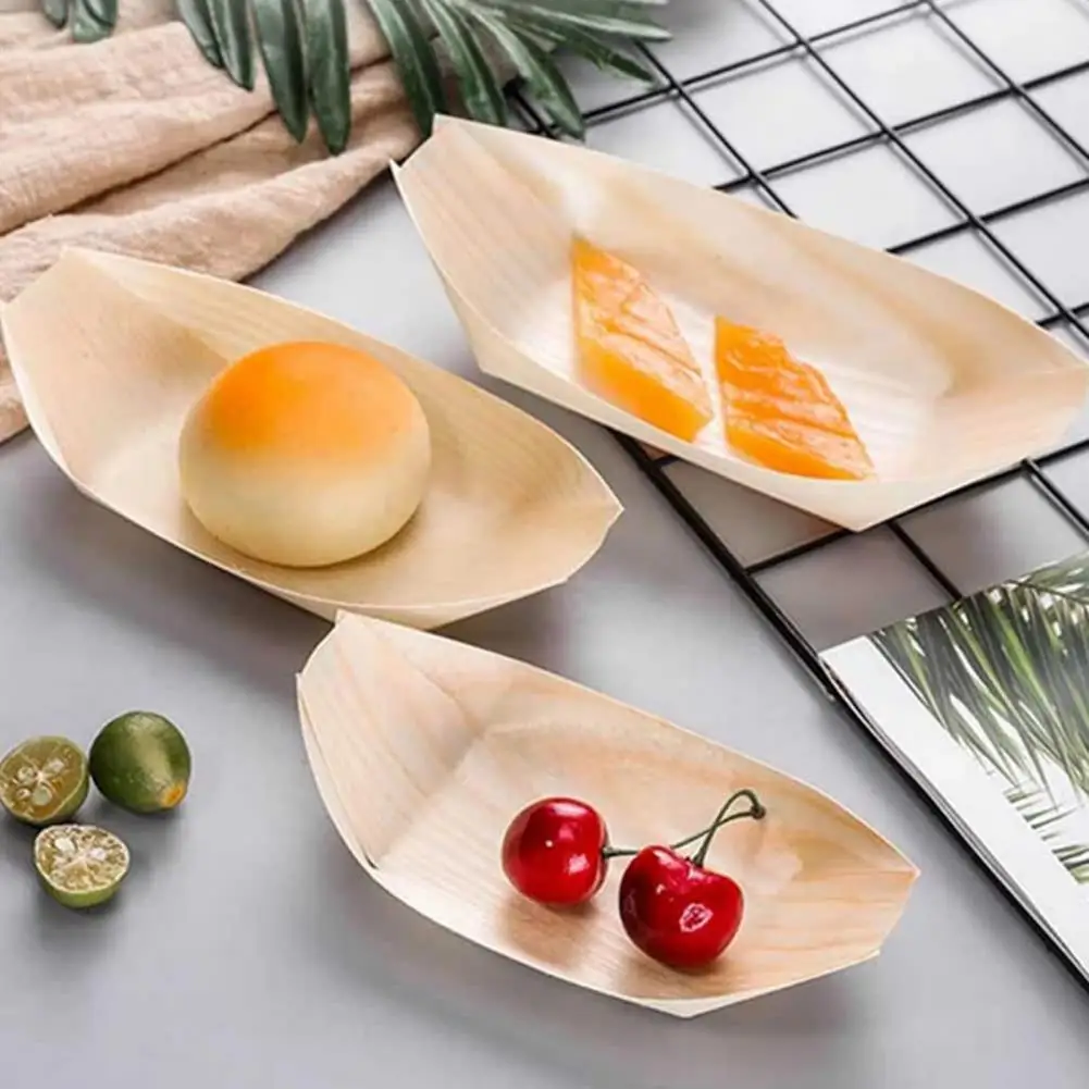 100Pcs Sushi Serving Boat Japanese Style Wood Disposable Food Grade Dessert Salad Appetizer Food Serving Tray Kitchen Supplies