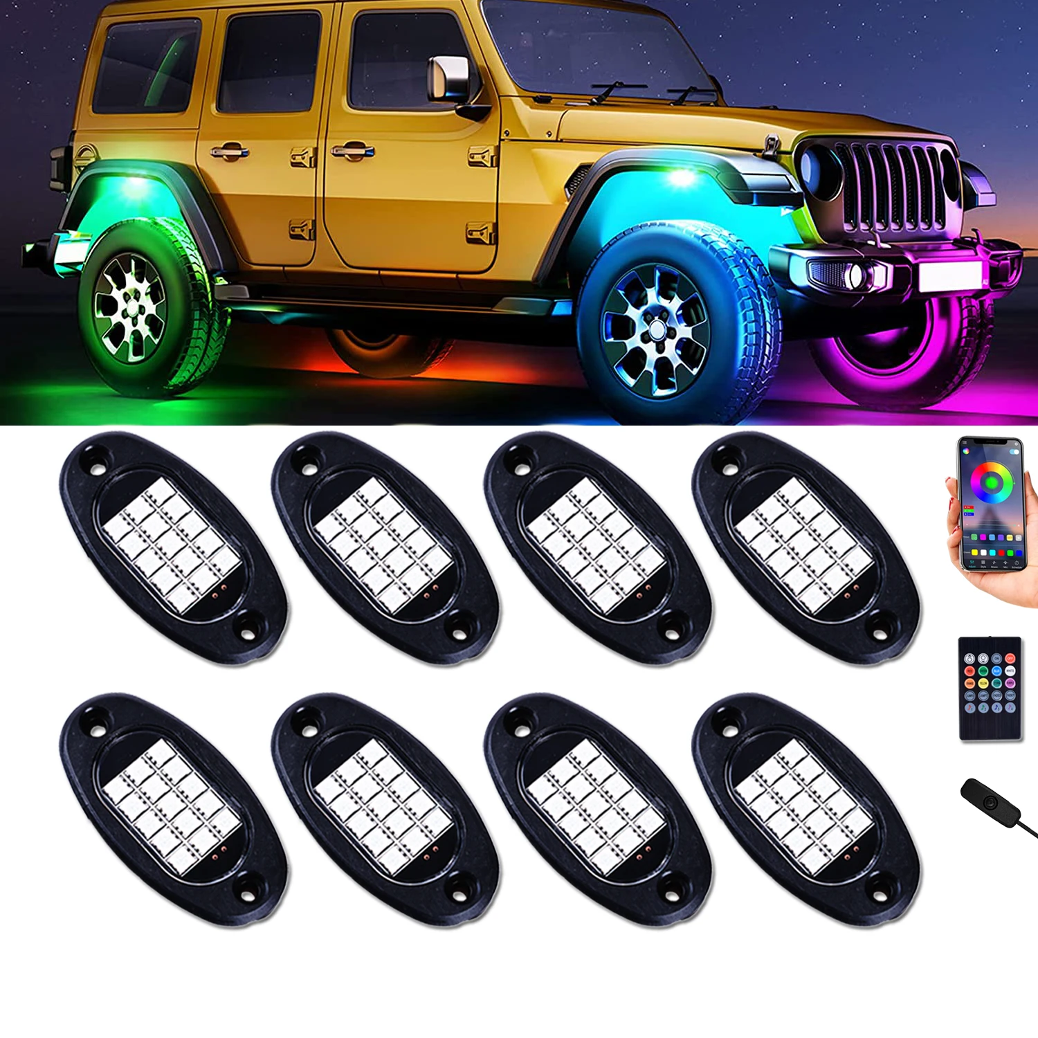 

8 Pods RGB Underglow Light LED Underbody Remote APP Control RGB Neon Lights LED Rock Lights Auto Decorative Ambient Lamp