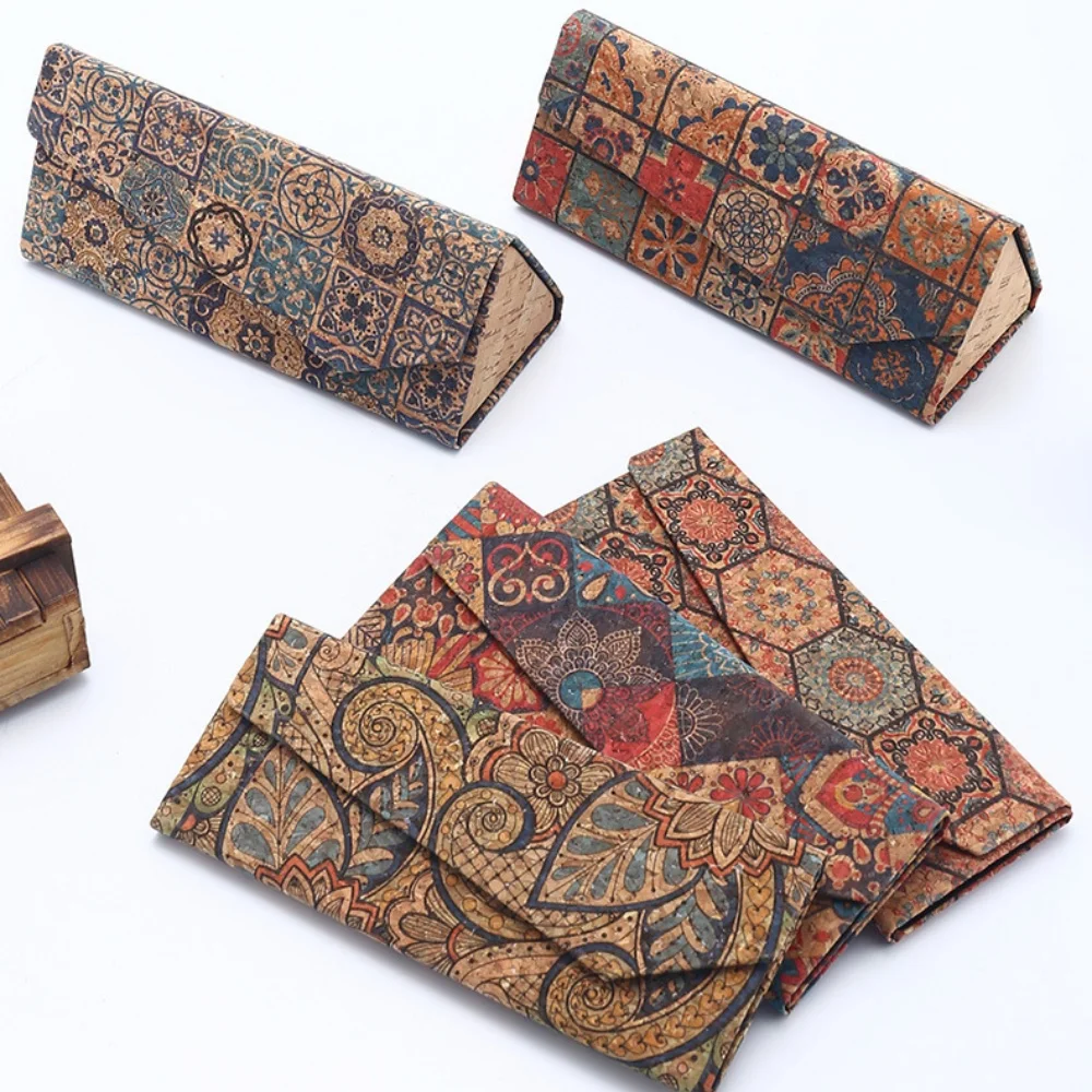 Retro Cork Folding Triangle Glasses Case for Men Women Sunglasses Box Portable Travel Glasses Storage Box Eyewear Accessories