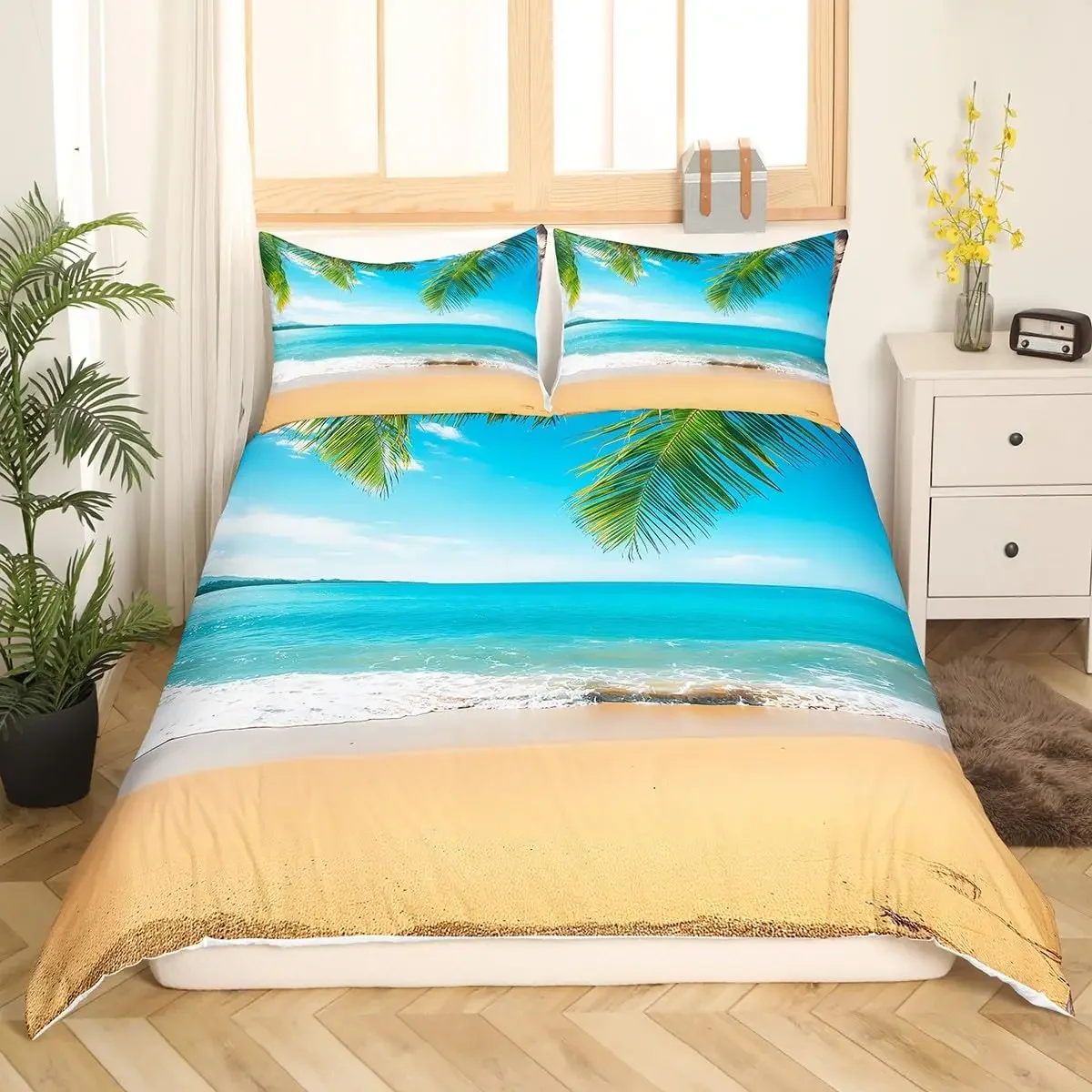 Ocean Duvet Cover Summer Beach Decor Hawaiian Vacation Style Bedding Set Tropical Nature Sea Theme Palm Trees Comforter Covers