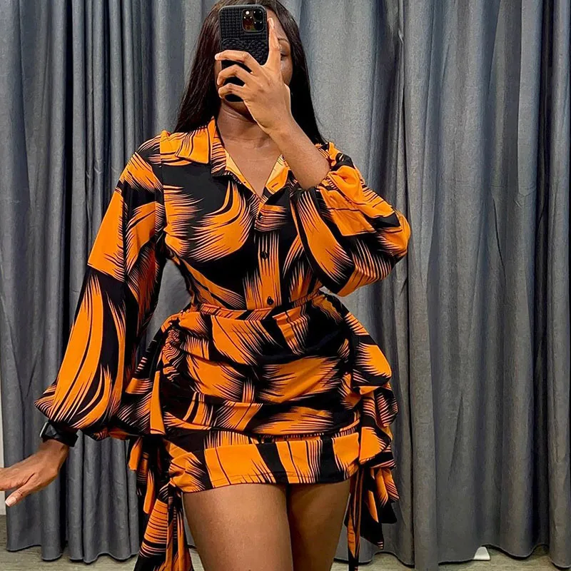 

Autumn Print Shirt Style Dress Sets Womens 2 Piece Outfit Long Sleeve Shirt Top and Side Ruffles Ruched Mini Skirt Matching Sets