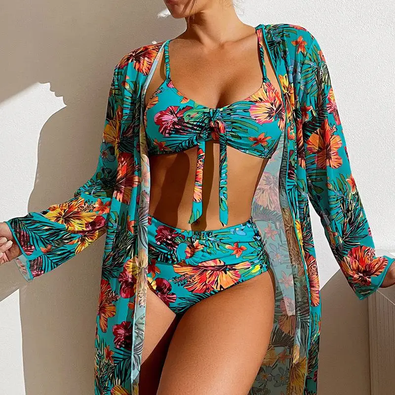 Women Bikini Set Three Pieces Floral Printed Swimsuit Mesh Long-Sleeved Blouse Bra Top with Pad Size S-3XL