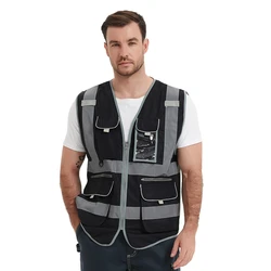 9 Multi-Pockets Black Safety Vest Reflective with Pockets and Zippers Construction Reflective Work Vest For Men Plus Size