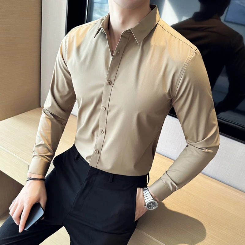 

British Style Solid Color Long Sleeved Shirt Men Casual Business Dress Shirts Office Social Party Tuxedo Blouse Camisa Masculina