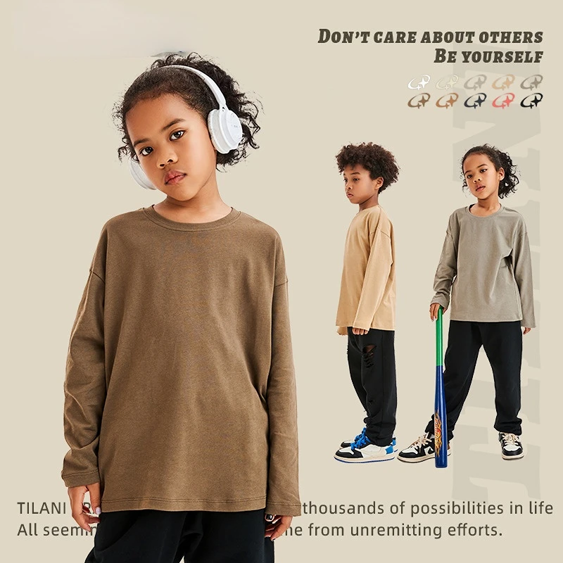 

Boys Girls Tops Kids Clothes 230G Cotton High-quality Long Sleeve T-shirt for Teenage Spring Autumn Tees Casual Loose All-match