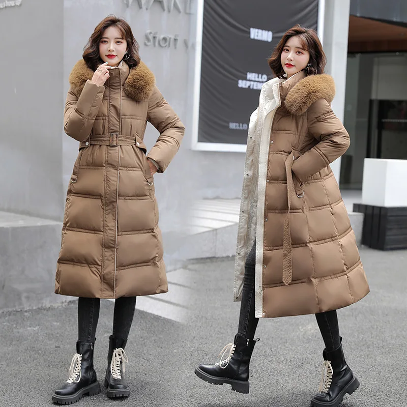 

Женское пуховое пальто до колен, длинное приталенное хлопковое пальто с меховым воротником и поясом, новинка зимы 2023