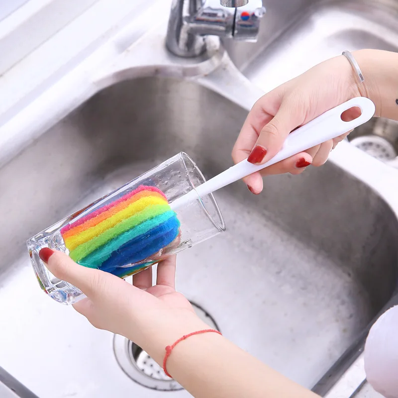 3Pcs Rainbow Sponge Brush Water Bottle Cup Mug Glass Washing Sponge Cleaning Brush Scrubber with Handle Cleaning Utensils