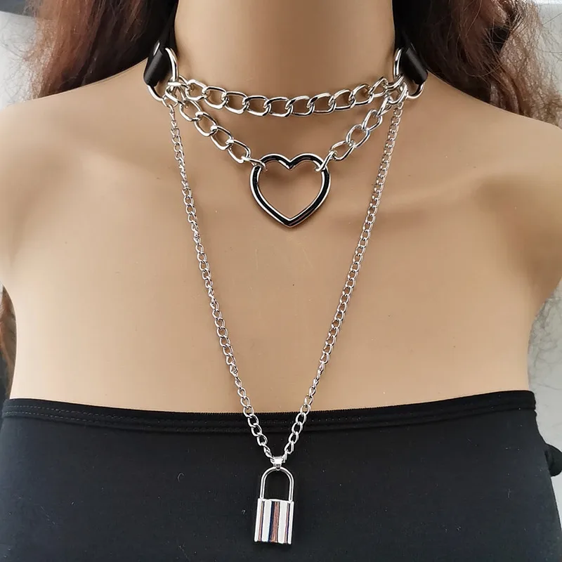 

Punk Multi-layer Exaggerated PU Metal Necklace for Women Charm Geometric Lock Necklaces Choker Chain Jewelry Clavicle Chains