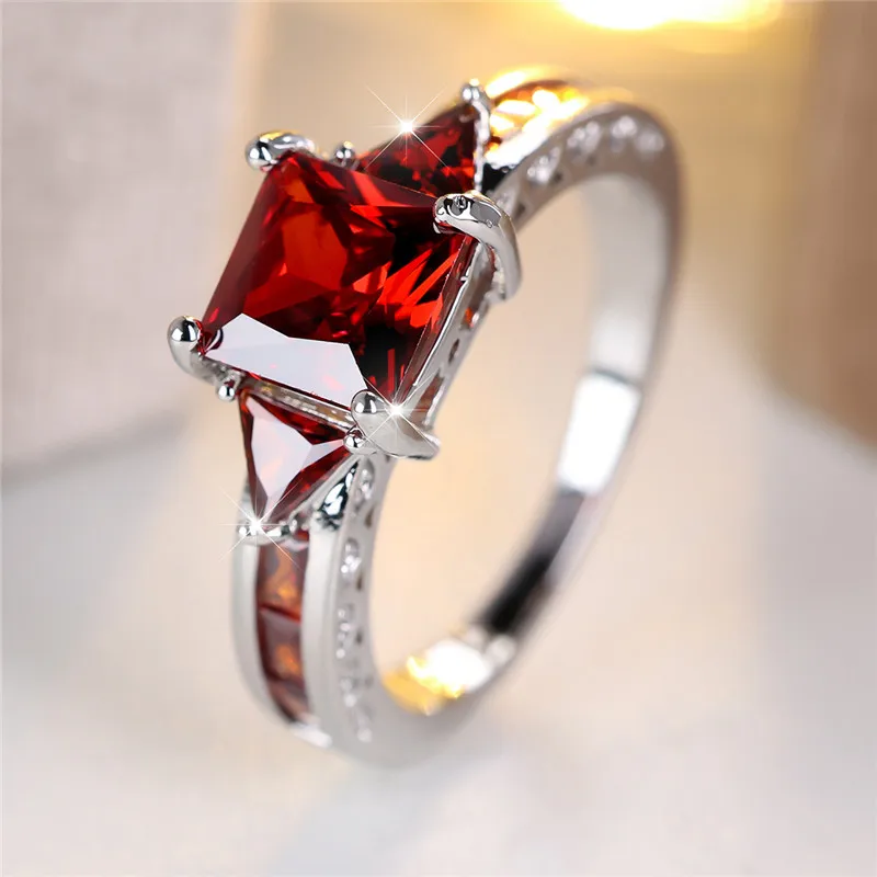 Cute Female Green Red Square Zircon Stone Engagement Ring Silver Color Wedding Jewelry For Women