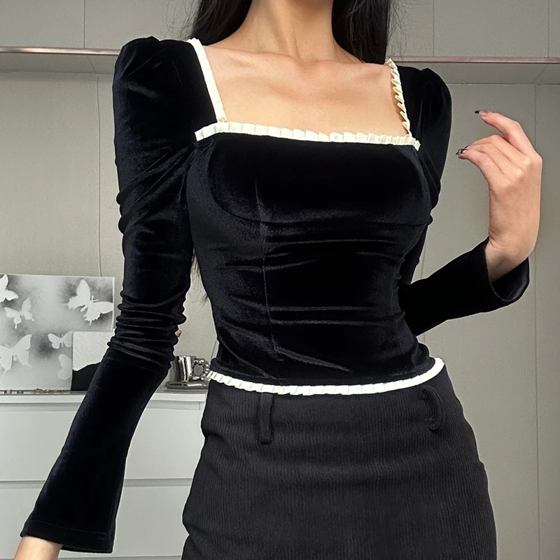 Xeemilo 우아한 스퀘어넥 패치워크 티셔츠, 섹시한 백 크로스 붕대 슬림 크롭탑, 미적 이브닝 파티 기본 티셔츠