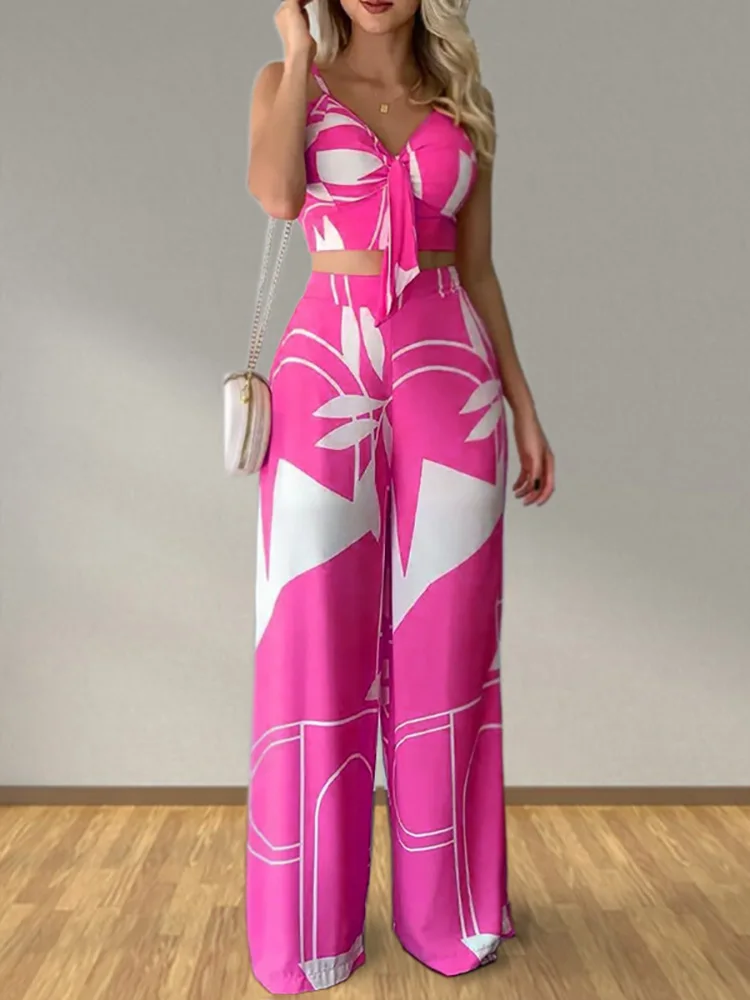 

Women Print Wide Leg Pant Loose Casual Suit Summer Sexy Tank Tops And Pants Two Piece Set 2022 Female Slim Long Trousers Outfits