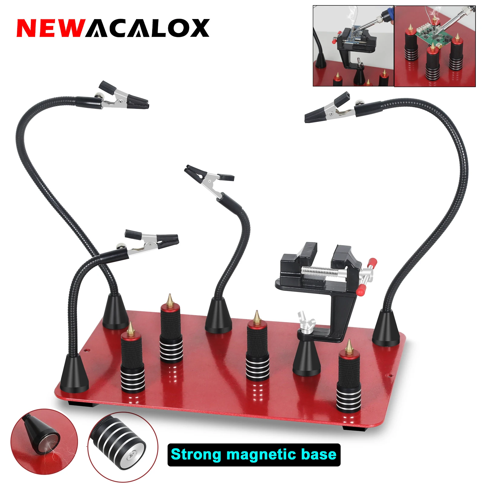 NEWACALOX Third Hand Soldering Tool PCB Holder Four Magnetic Based Flexible Metal Arms Helping Hands Welding Workshop Station newacalox magnetic pcb circuit board holder flexible arm soldering third hand welding station soldering iron stand repair tools