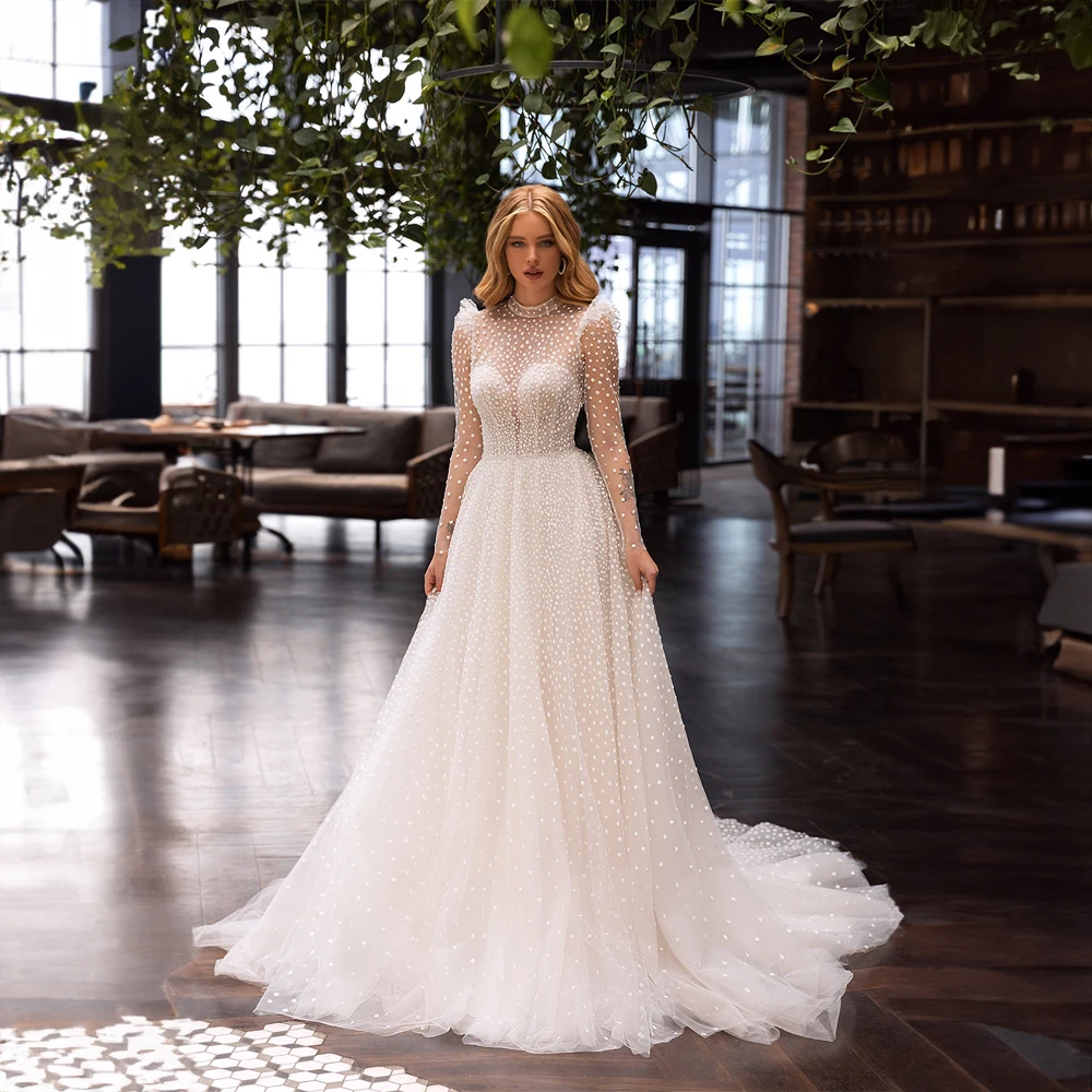 

High-Neck Spotted A-line Elegant Wedding Dress Court Tulle Wedding Gowns with Illusion Sleeve for Women Backless robes de mariée