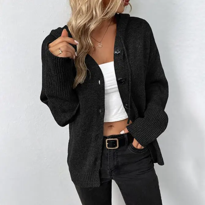 2023 Women's Winter Warm and Casual Wearing Hat and Coat Drawstring Knitted Cardigan Jacket for Women