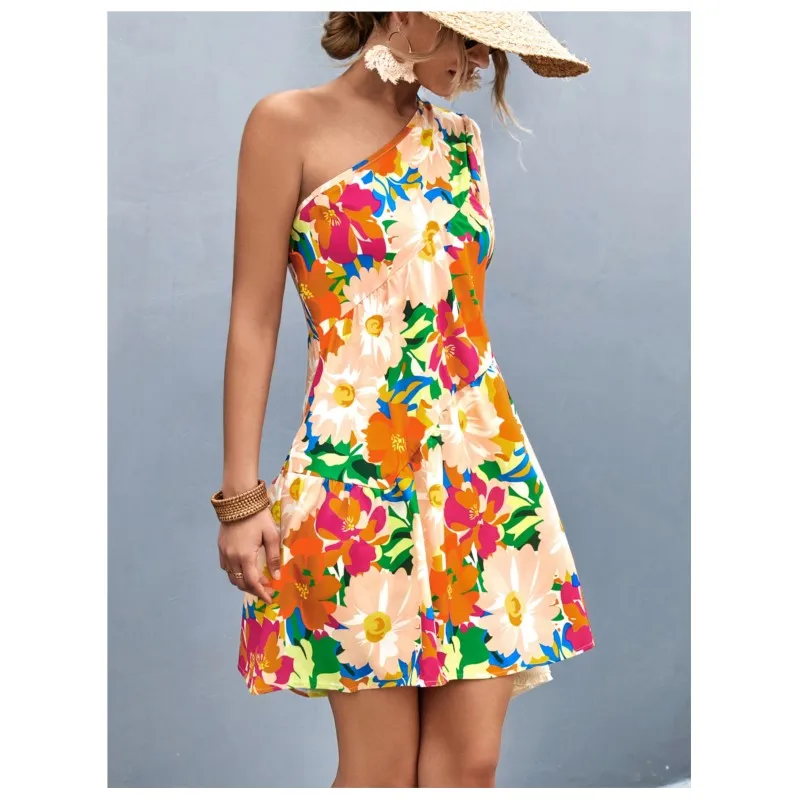 

New Popular Women's Diagonal Neckline Bubble Sleeve Printed Doll Skirt With Elegant Temperament, Commuting A-line Short Skirt