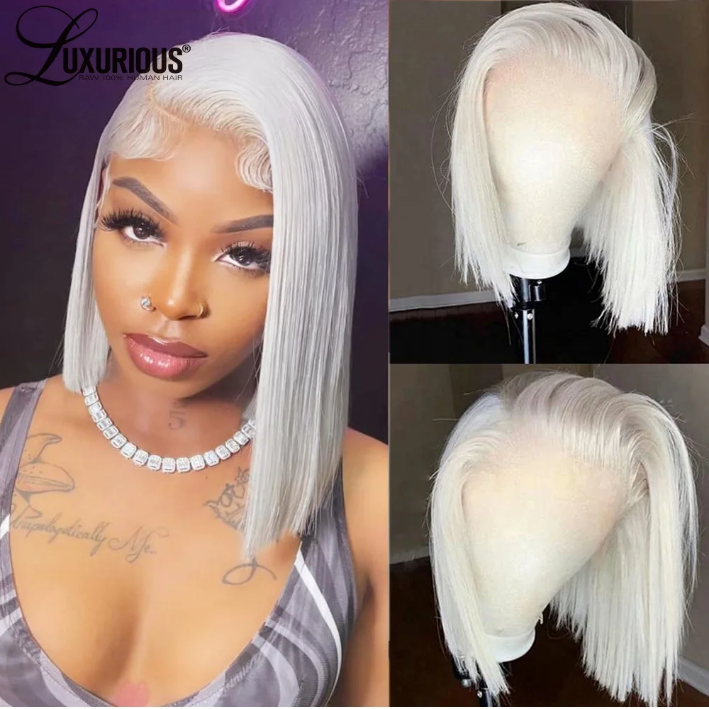 Platinum Blonde 13x4 Short Bob Wigs For Women Straight Pre Plucked Transparent Lace Frontal Wig Brazilian Virgin Human Hair Wigs rebecca short straight pixie cut wigs part lace human hair wigs pre plucked brazilian remy short blonde pink burgundy lace wigs