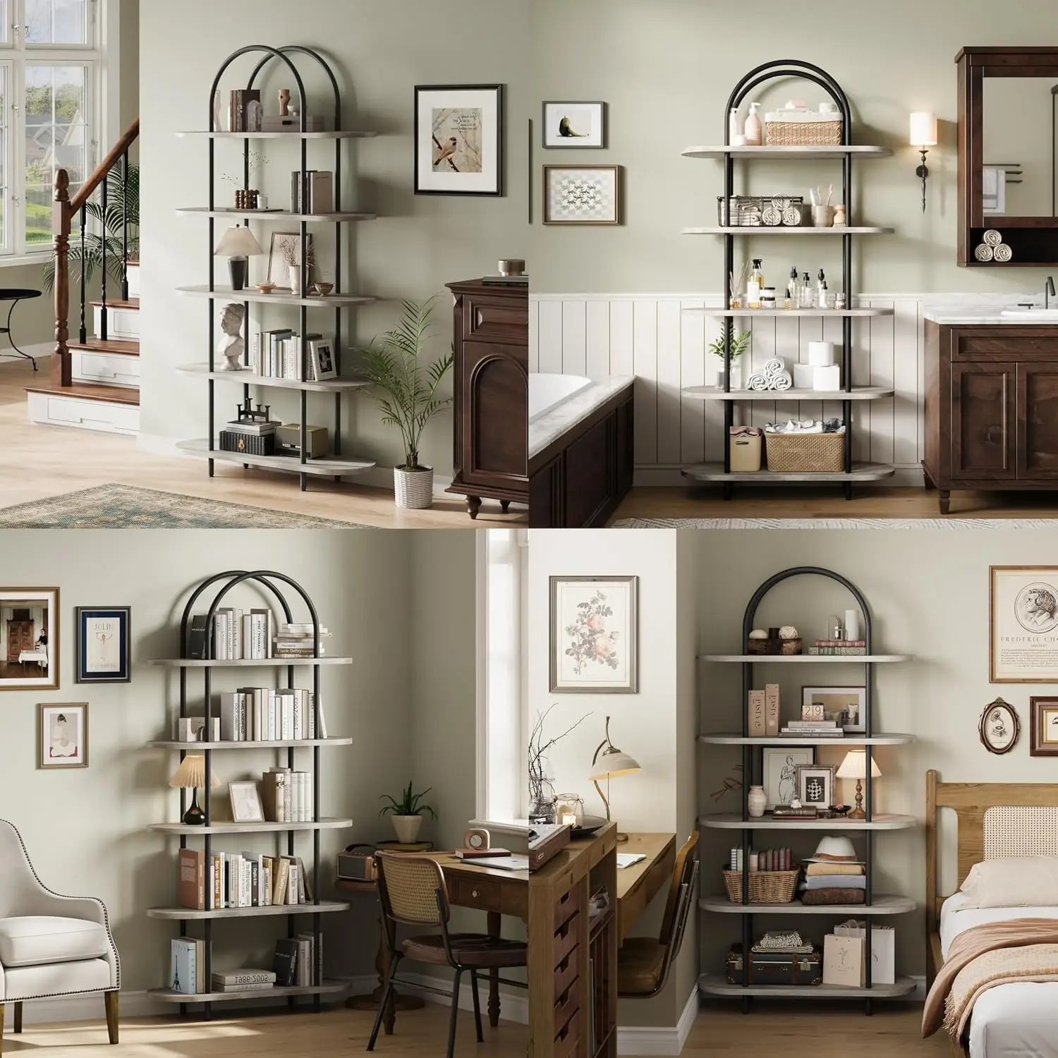 5-stufiges gewölbtes Bücherregal, 180 cm hohes industrielles offenes Bücherregal, Bücherregal aus Holz mit Metallrahmen für Schlafzimmer, Wohnzimmer, Heimbüro – Detail 25
