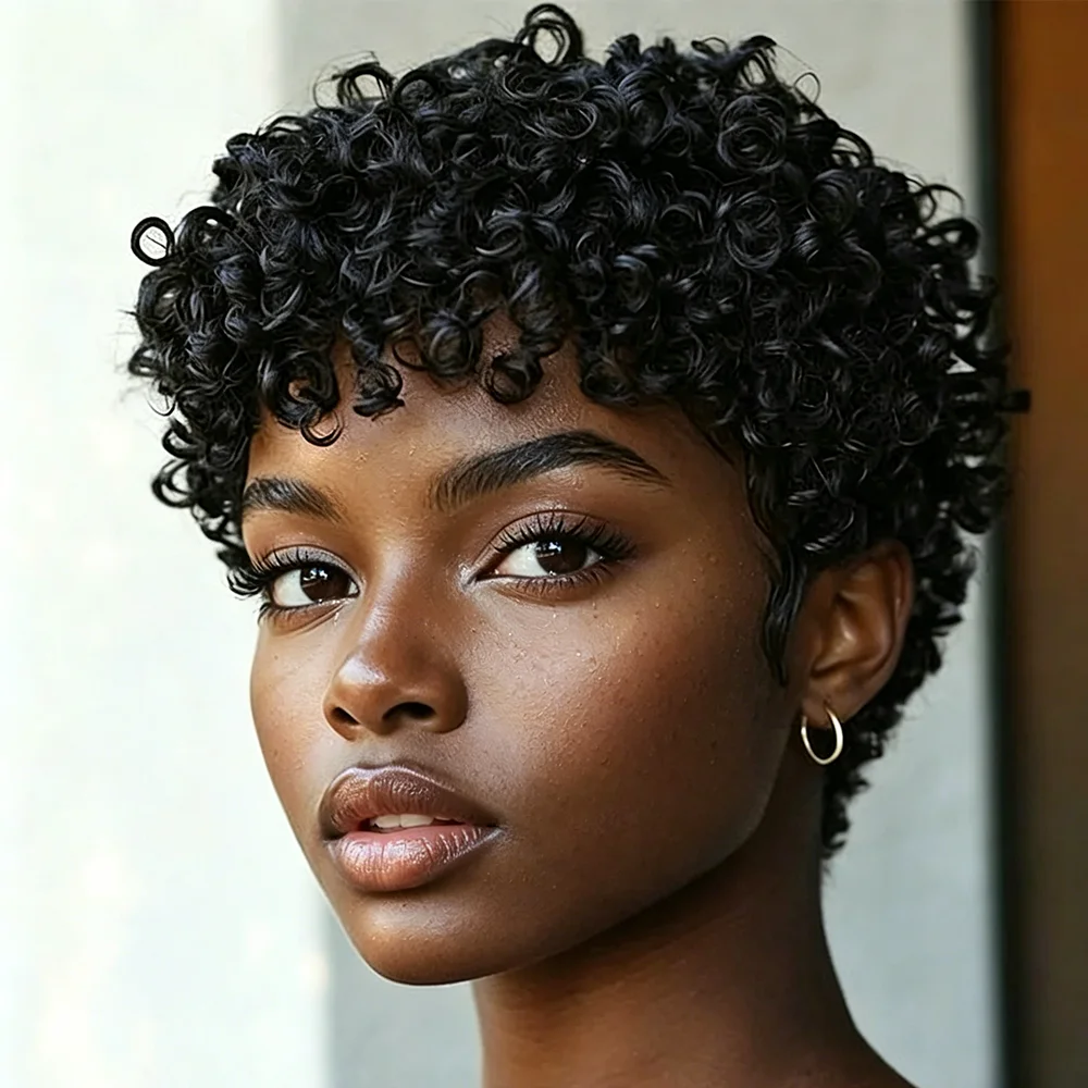 Short Black Kinky Curly Pixie Cut Human Hair Wig With Bangs Brazilian Remy Human Hair Wigs 180% Density Full Machine Made Wig