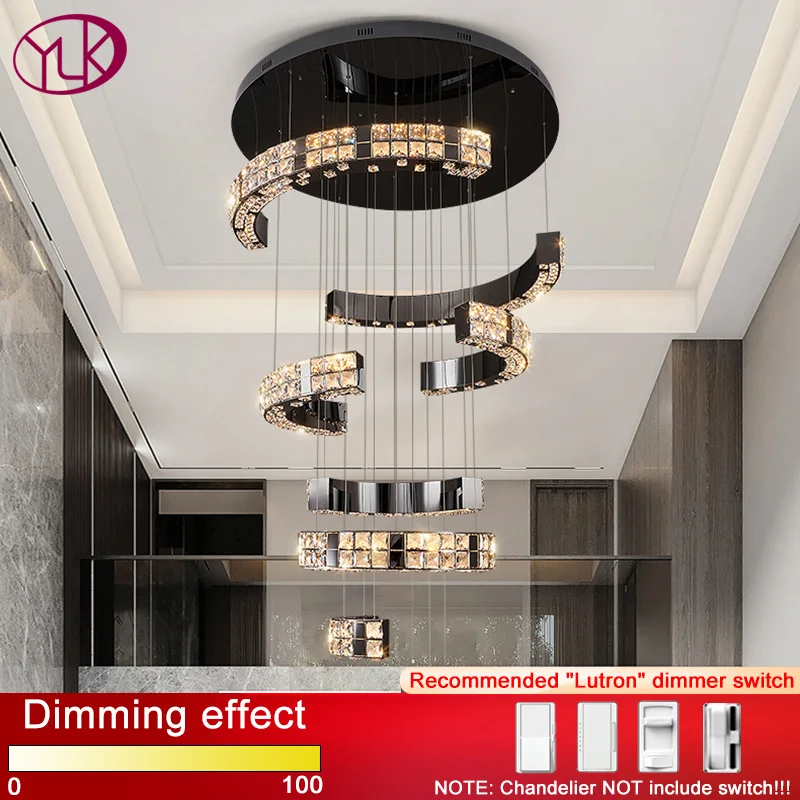 

YOULAIKE New modern led chandelier for staircase luxury home decor black hanging light fixture large living room crystal lamp