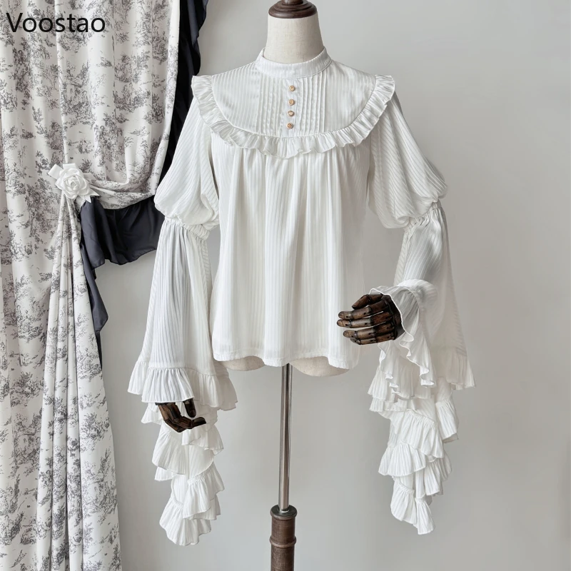 10) Gothic Lolita Shirt, vintage lange mouw Lotus ruches top, Womens
