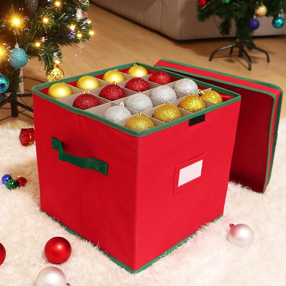 Christmas Ornament Storage Box with Adjustable Dividers Zippered Closure Xmas Decoration Storage Box Stores Up To 64 Ornaments