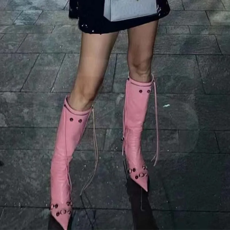 

2022 Zaxloveu Pointed Toe Women Mid-Calf Boots Sexy Solid Color Leather Folds Boots Thin Heels Stiletto Party Cagole Shoes