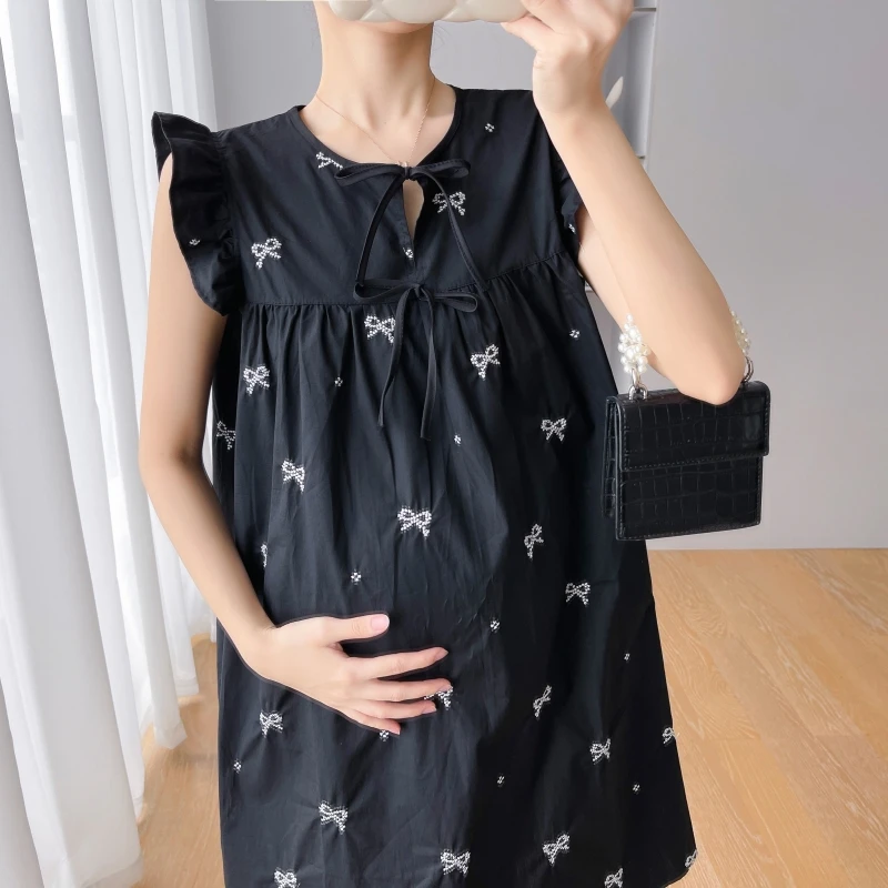 

2024 Summer Flying Sleeve Maternity Cotton Dress Fashion Bowknot Embroideried Pregnant Woman A-line Dress Pregnancy Black Dress