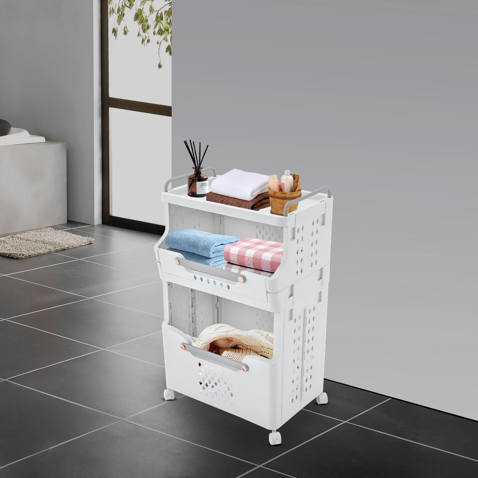 Pop-Up Laundry Hampers with 2 Tiers and 4 Wheels, Foldable, Large Capacity, Easy to Move and Store, White Design