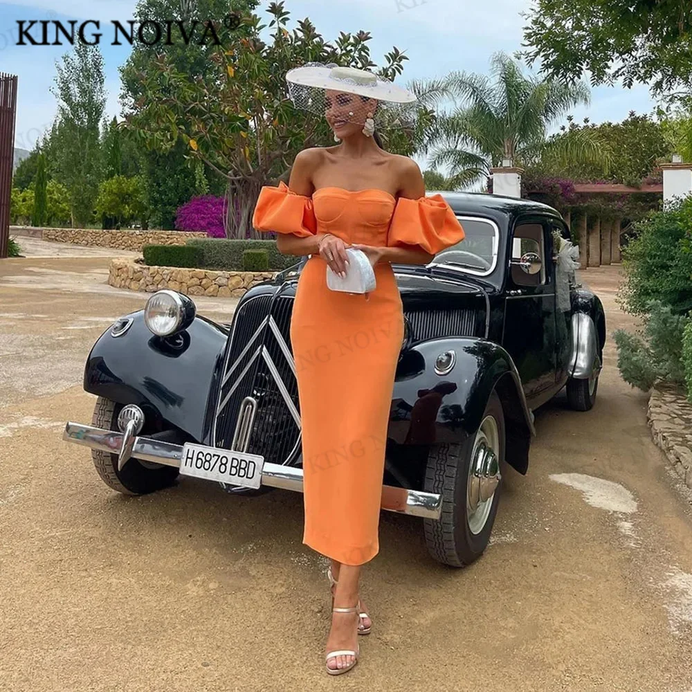 

KING Elegant Off The Shoulder Mermaid Satin Evening Dresses 2024 Backless Pleat Tea-Length Simple Prom Dress robe de soiréé