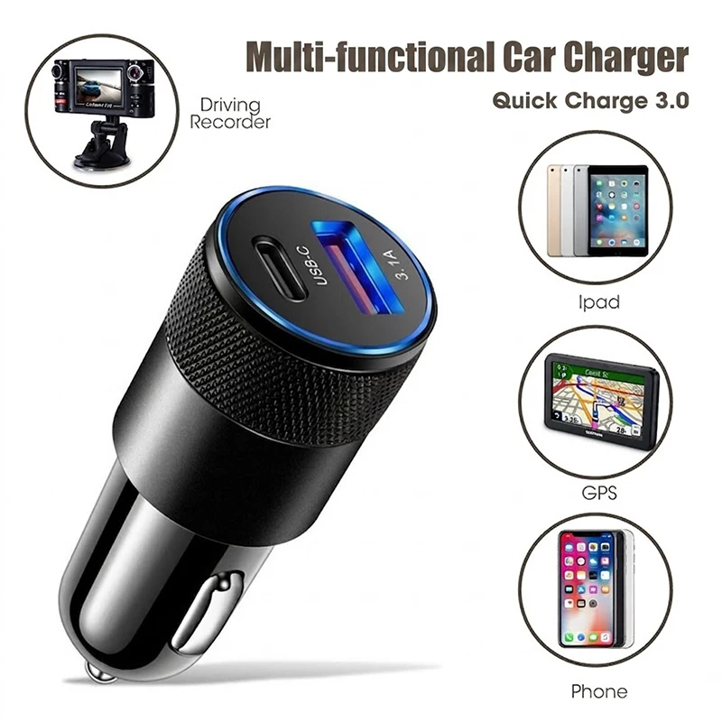 컴팩트 듀얼 포트 자동차 충전기 USB C & A 타입 3.1A 고속 충전 차량용 어댑터 (스마트 온도 제어 기능 포함, 아이폰 및 휴대폰용)