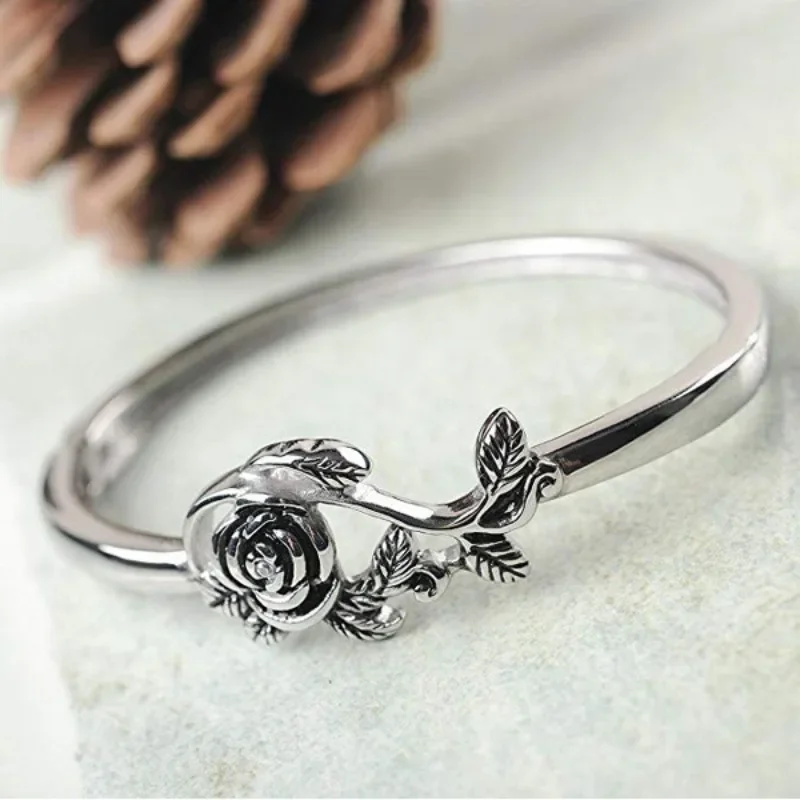 925 Sterling Silver Unique Black Rose Ring for Women Fine Jewelry Finger Adjustable Open Vintage Ring for Party Birthday Gift