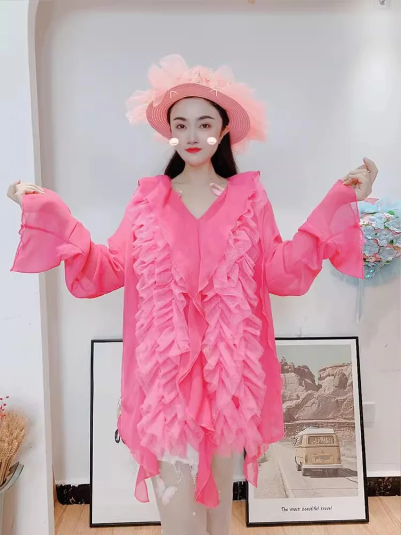Super Fairy Shirt Women's Spring Summer New Mesh Ruffled Stitching Loose Western Style Slimming Blouse Thin Type Sunscreen Top