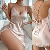 Fashion Solid Color Summer V-neck Nightgown Women's Short Backless Suspenders Skirt Lace Decoration Simulation Silk Thin Dress 1