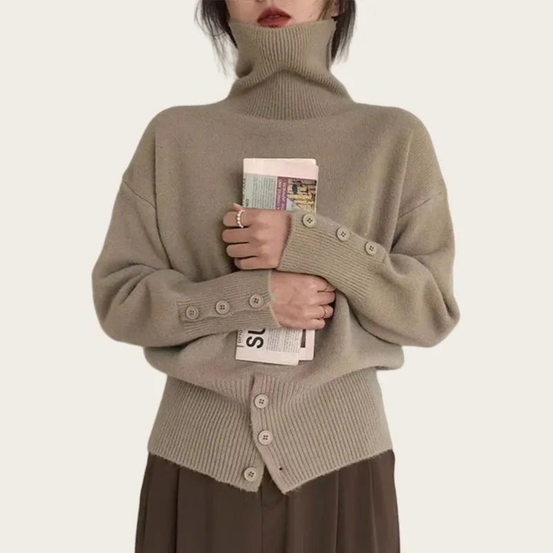 New Elegant Turtleneck Pullover Sweater for Women Autumn Winter Fashion Hem Button Solid Sweater Casual Long Sleeve Knitwear