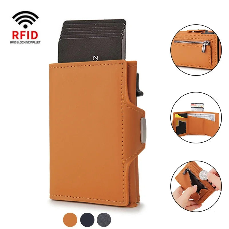 DIENQI Rfid Blocking Card Holder Men Wallets Slim Thin Leather Metal Magic Smart Wallet Male Coin Purse Coffee Wallets for men