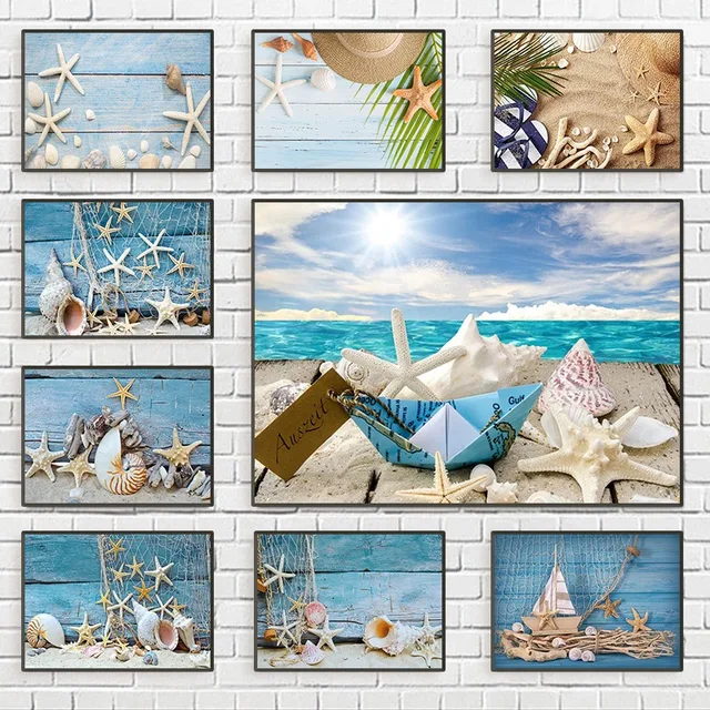 Beach Art Starfish Sea Shell on Blue Board Posters Prints Coastal Nautical Artwork Canvas Painting for Home Kitchen Wall Decor