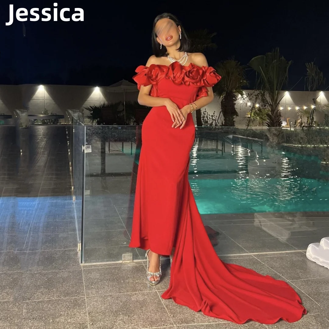 

Jessica Red Mermaid Prom Dress Handmade Flowers Evening Dresses فساتين السهرة Elegant Lady Formal Occasions Dinner Party Dress
