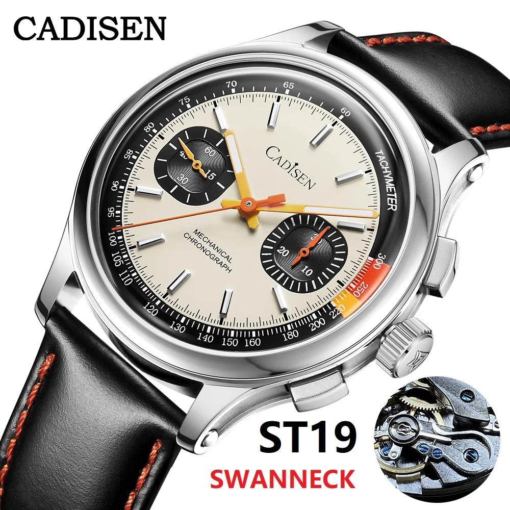 

CADISEN V2 Watch Chronograph Mechanical Wristwatches Seagull ST19 Swanneck Movement Mens Watch Domed AR Sapphire Crystal PP Gift