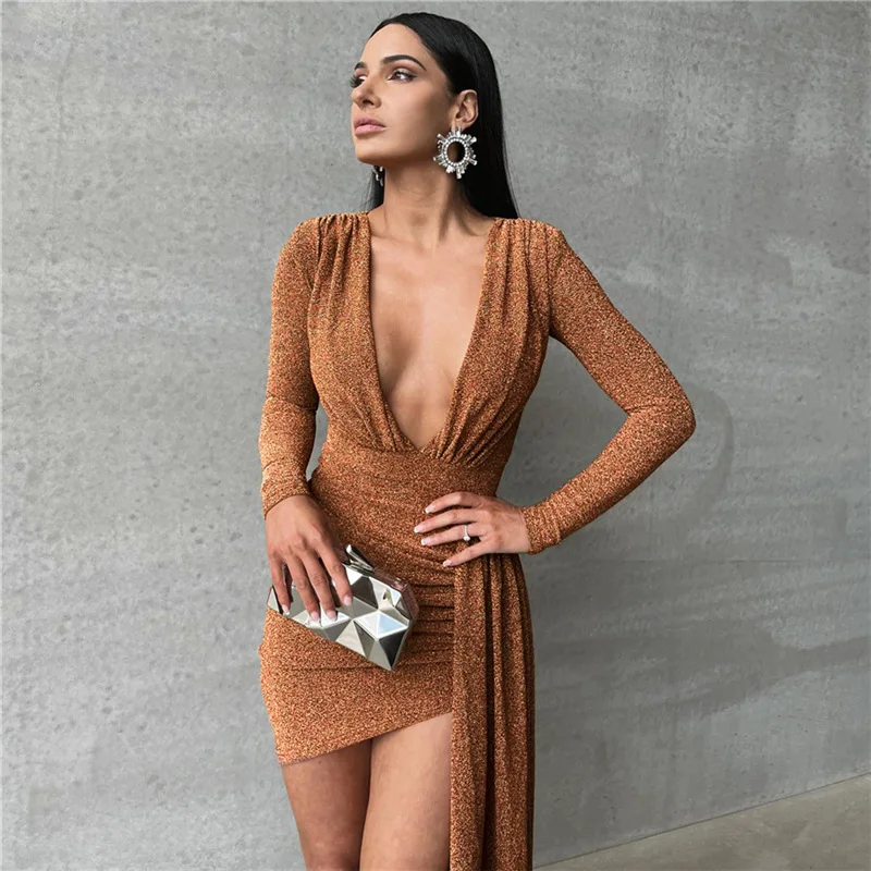 

Elegant Deep V Neck Ruched Mini Dress Strap Women Autumn 2023 Long Sleeve Bodycon Black Prom Party Female Dresses