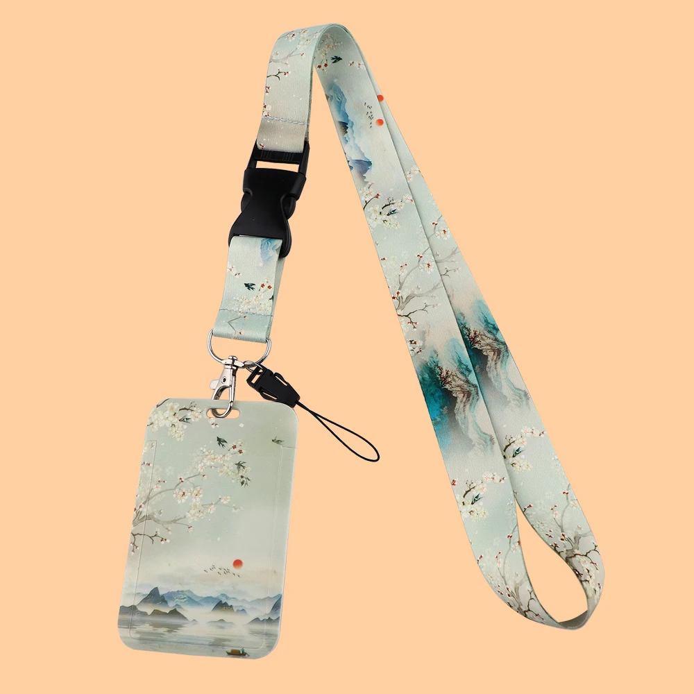 Ink Painting ID Card Holder With Lanyard Credential Holders Neck Straps Women Badge Holder Keychains Accessories stylish keychain chains women keychains for backpack little gifts skating rhinestones bag charm locket