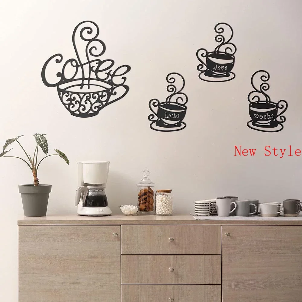 

4pcs Coffee Metal Iron Signs Black Silhouette Wall Hanging Plaque Dining Room Kitchen Cafe Decoration Metal Wall Hanging Decor H