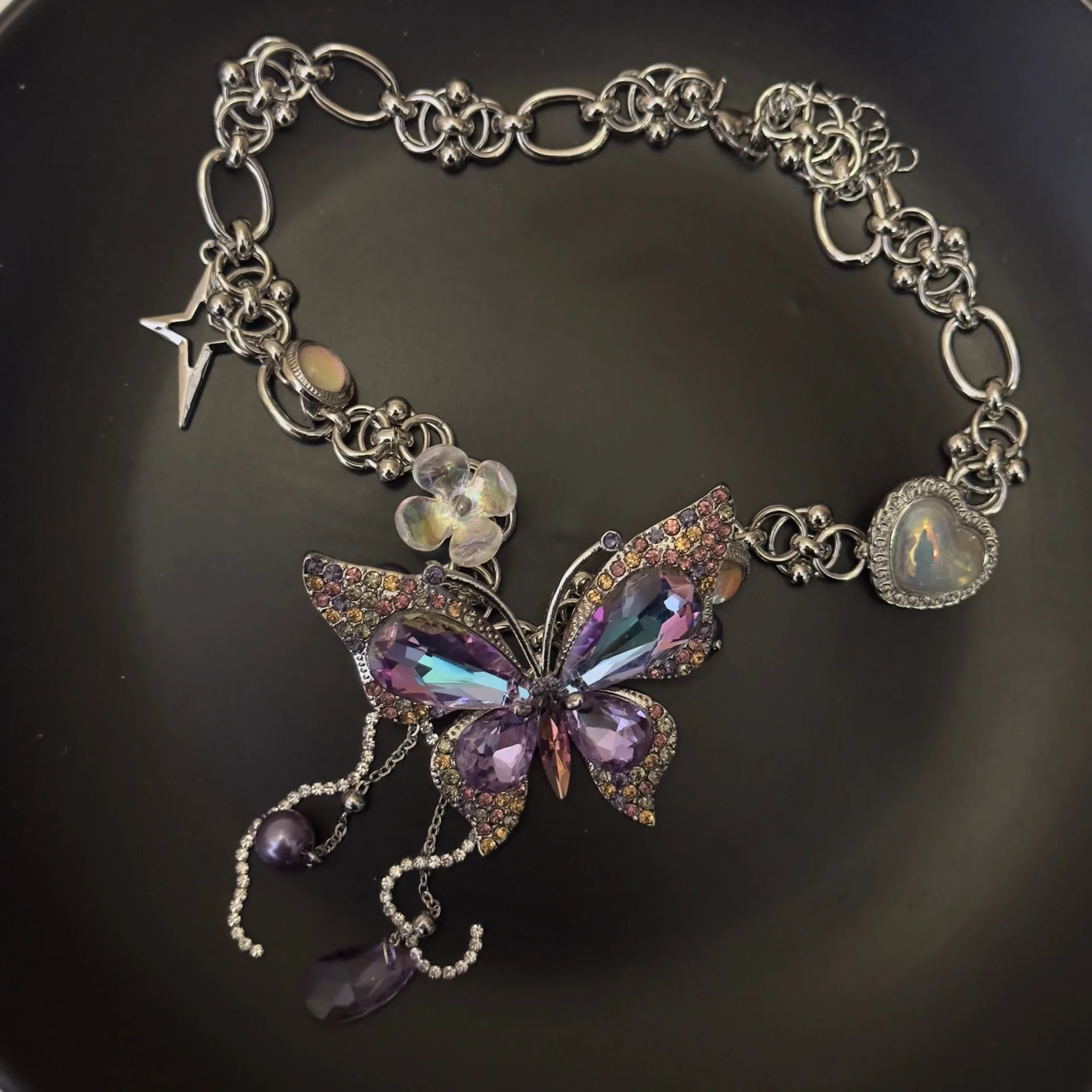 Colored Crystal Butterfly Tassel Necklace Fashion Star Heart Crystal Butterfly Pendant Necklace Trendy Jewelry Presents 3