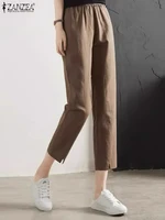 ZANZEA Korean Casual Cropped Pants Women Elastic Waist Pockets Long Pants Summer Fashion Slit Pantalons Casual Straight Trousers 3