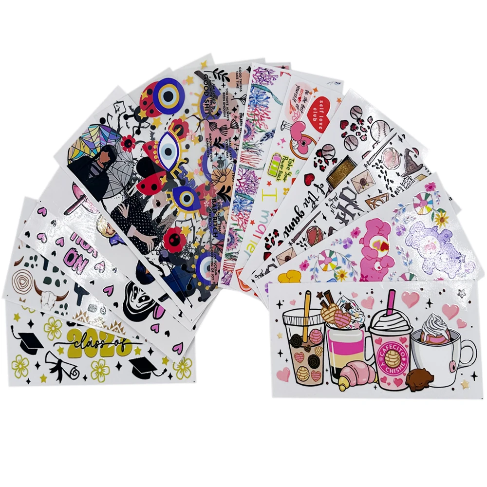 자체 접착 16 OZ UV DTF 랩, 무작위 디자인, 재고 리비 컵 데칼, 배송 준비 완료