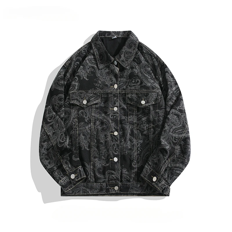 

Men's Trendy Brand Cashew Printed Denim Jacket Spring Autumn High Street Japanese Retro Loose Casual Versatile Button Coats Tops