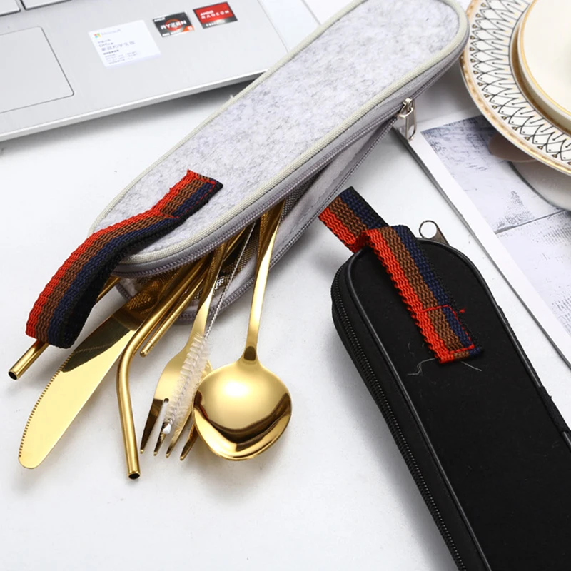 8PCS Portable Tableware Reusable Travel Cutlery Set Camp Utensils Set Chopsticks Fork Spoon Knife for Outdoor Picnic Kitchen